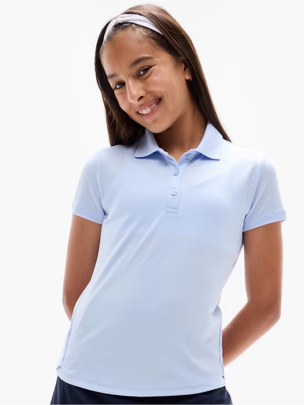 Athleta Girl School Day Polo Top Light Blue Uniform Shirt XL 14 TENCEL